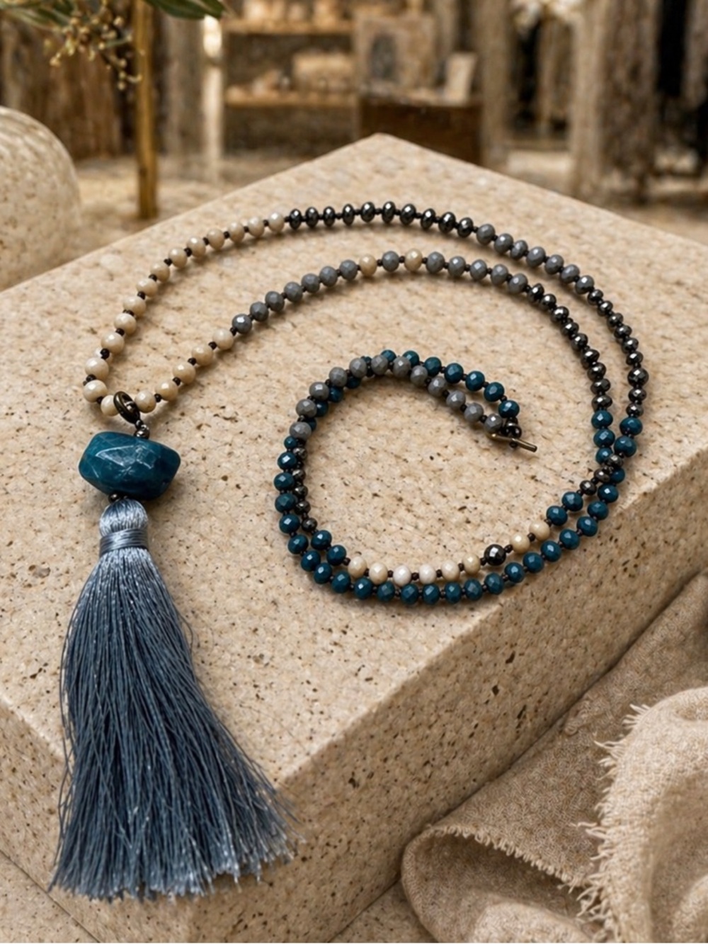Boho Beaded Tassel Multi Wear Necklace | Long Statement | Neutral + Teal Crystal